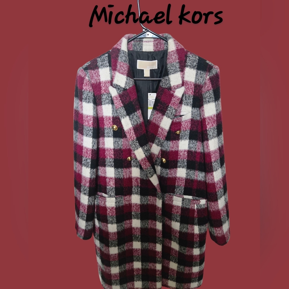 Nwt Women's Michael Kors Burgundy Plaid Long Coat Size 14 plus